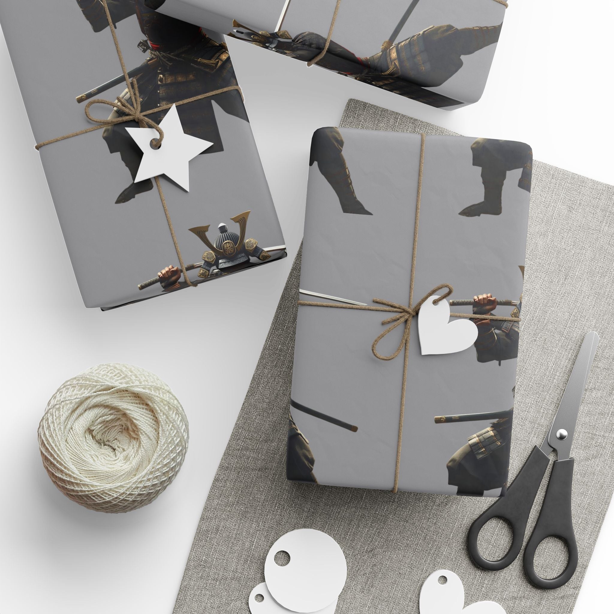 Samurai Warrior Pattern Wrapping Paper — Grey Gift Wrap for Martial Arts Fans
