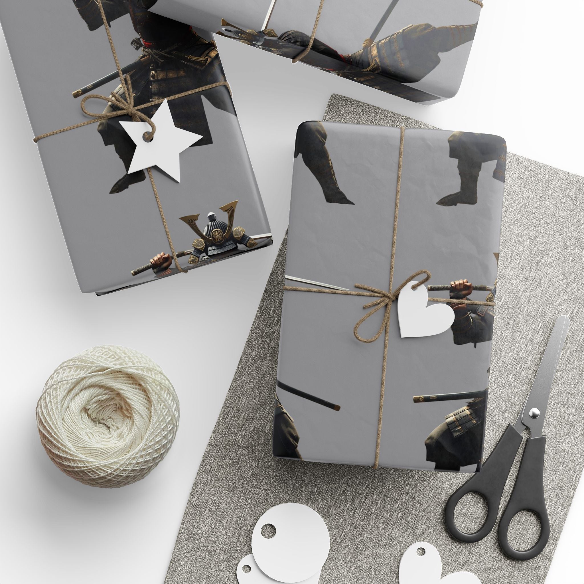 Samurai Warrior Pattern Wrapping Paper — Grey Gift Wrap for Martial Arts Fans
