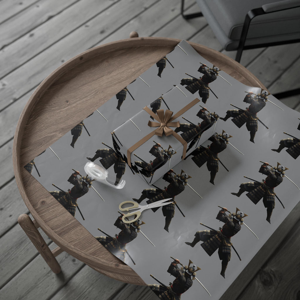 Samurai Warrior Pattern Wrapping Paper — Grey Gift Wrap for Martial Arts Fans