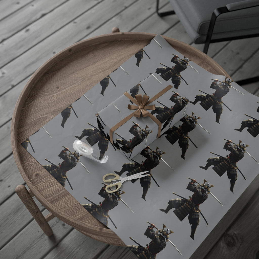 Samurai Warrior Pattern Wrapping Paper — Grey Gift Wrap for Martial Arts Fans