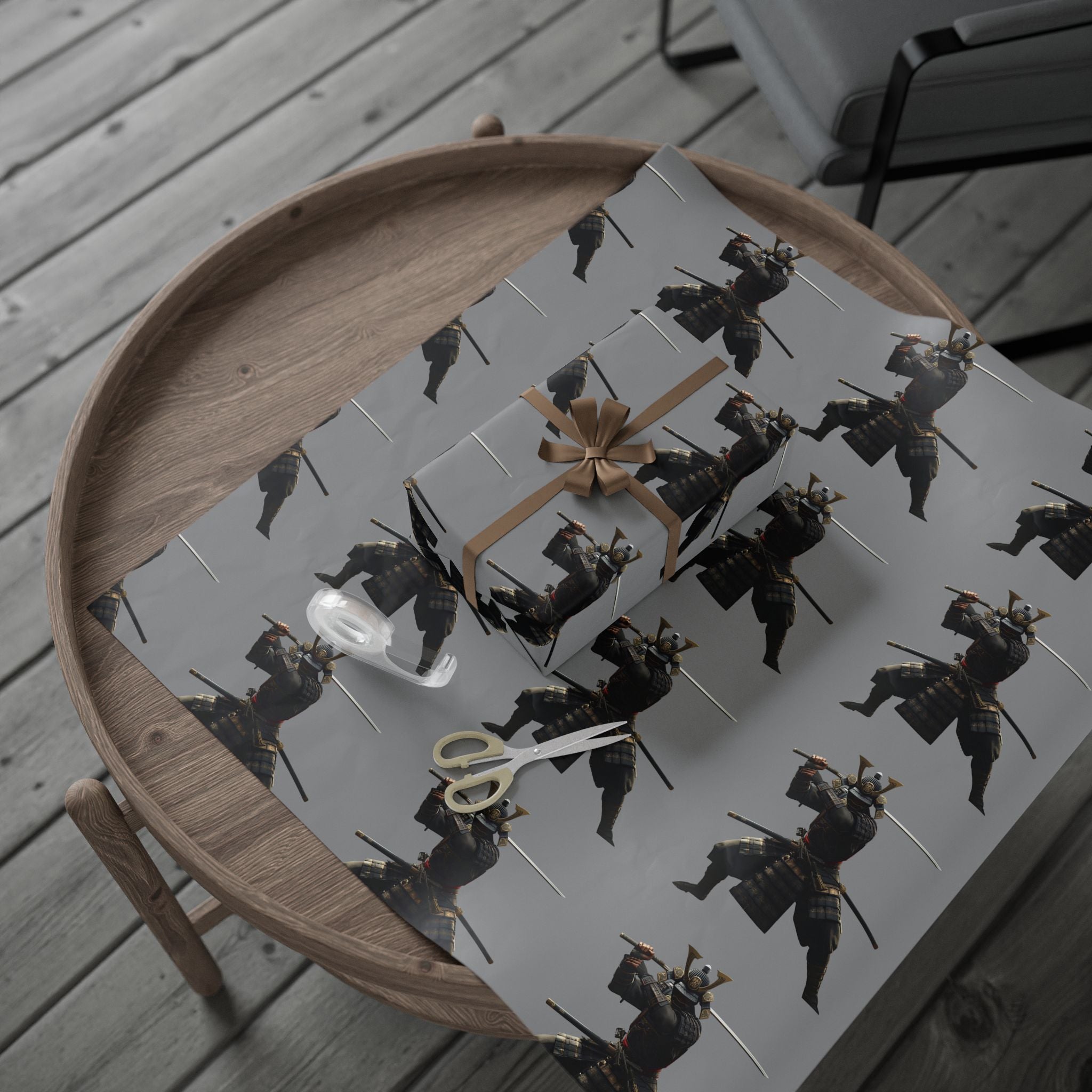 Samurai Warrior Pattern Wrapping Paper — Grey Gift Wrap for Martial Arts Fans